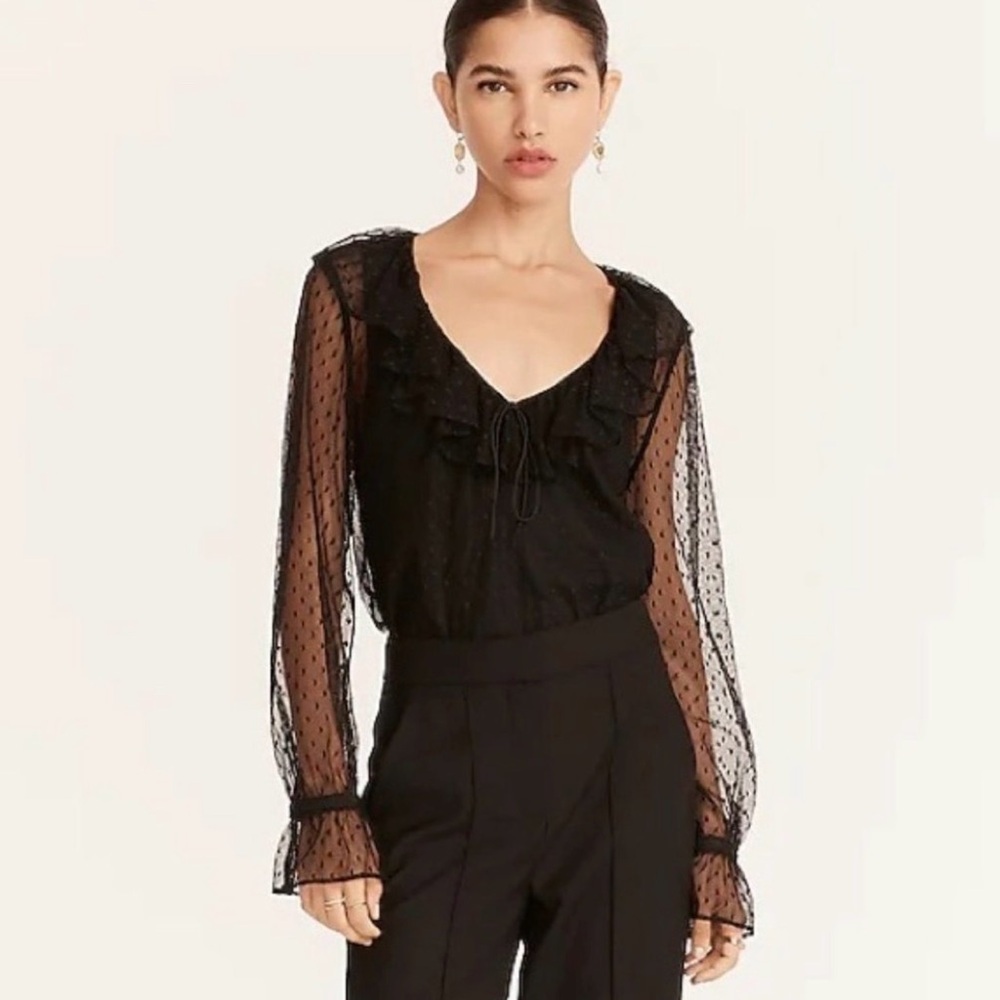 J. Crew Ruffle-neck Black Top Clip Dot Sheer Lace Bow  Polkadot Peasant Boho